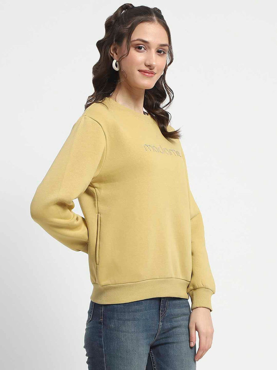 Madame Fleece Handwork And Embroidered Golden Yellow Sweatshirt  For Women