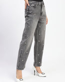 Madame Embellished Gray Wash Straight Fit Black Denim