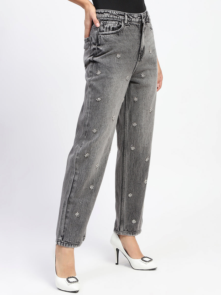 Madame Embellished Gray Wash Straight Fit Black Denim