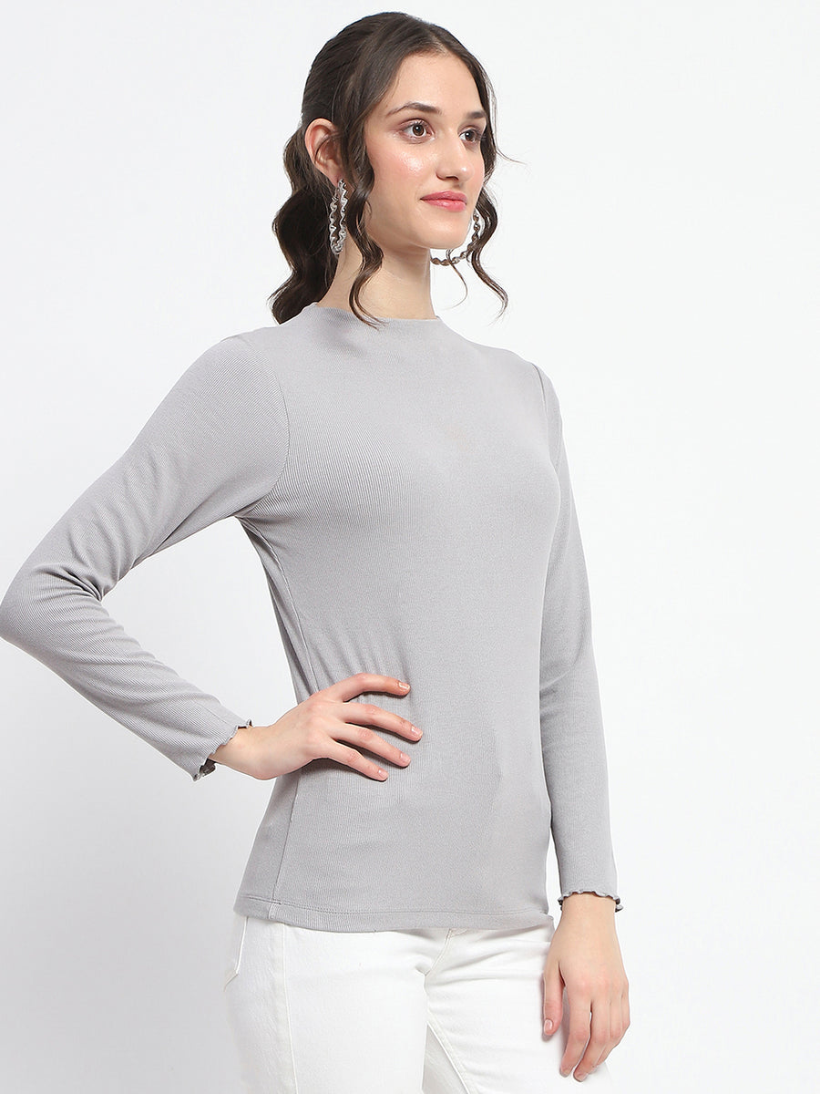 Madame High Neck Full Sleeve Solid Grey Top