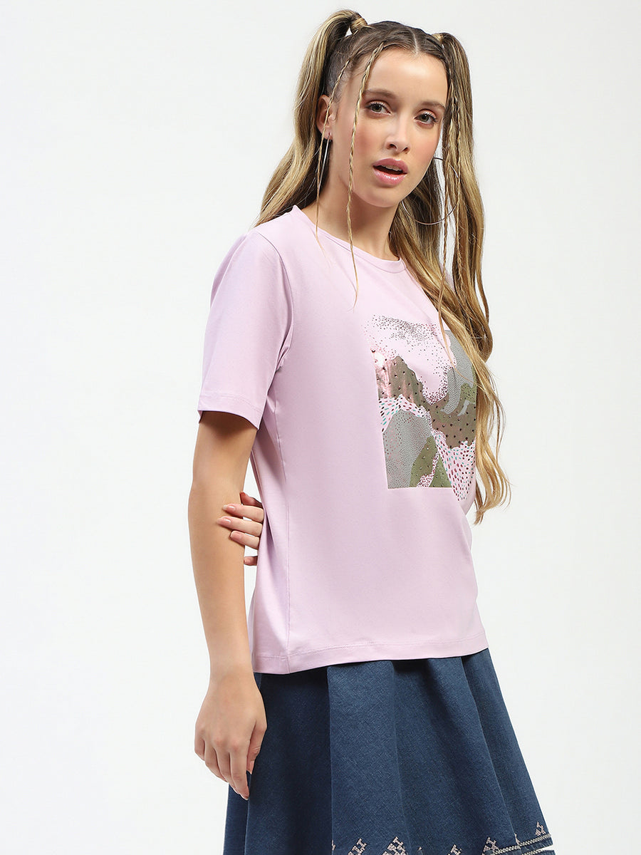 Madame Lilac Cotton Graphic Print T-Shirt