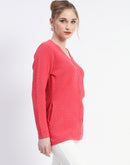 Madame Solid Coral Cable Knit Full Sleeve Cardigan