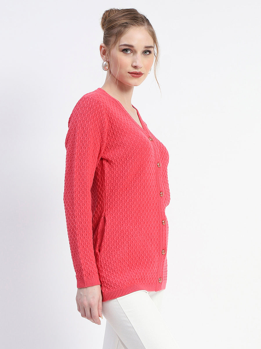 Madame Solid Coral Cable Knit Full Sleeve Cardigan