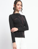 Madame Abstract Print Sleeve Crew Neck Black Top