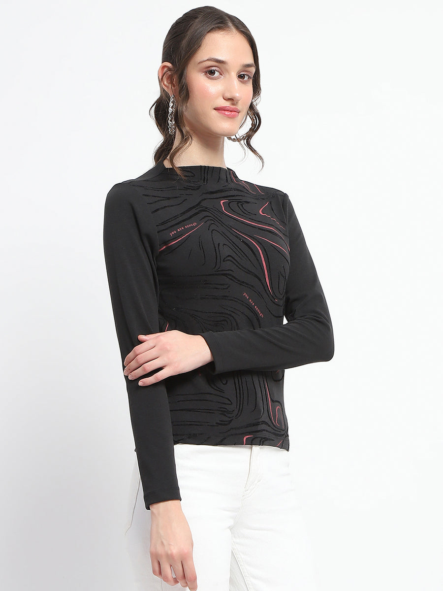 Madame Abstract Print Sleeve Crew Neck Black Top