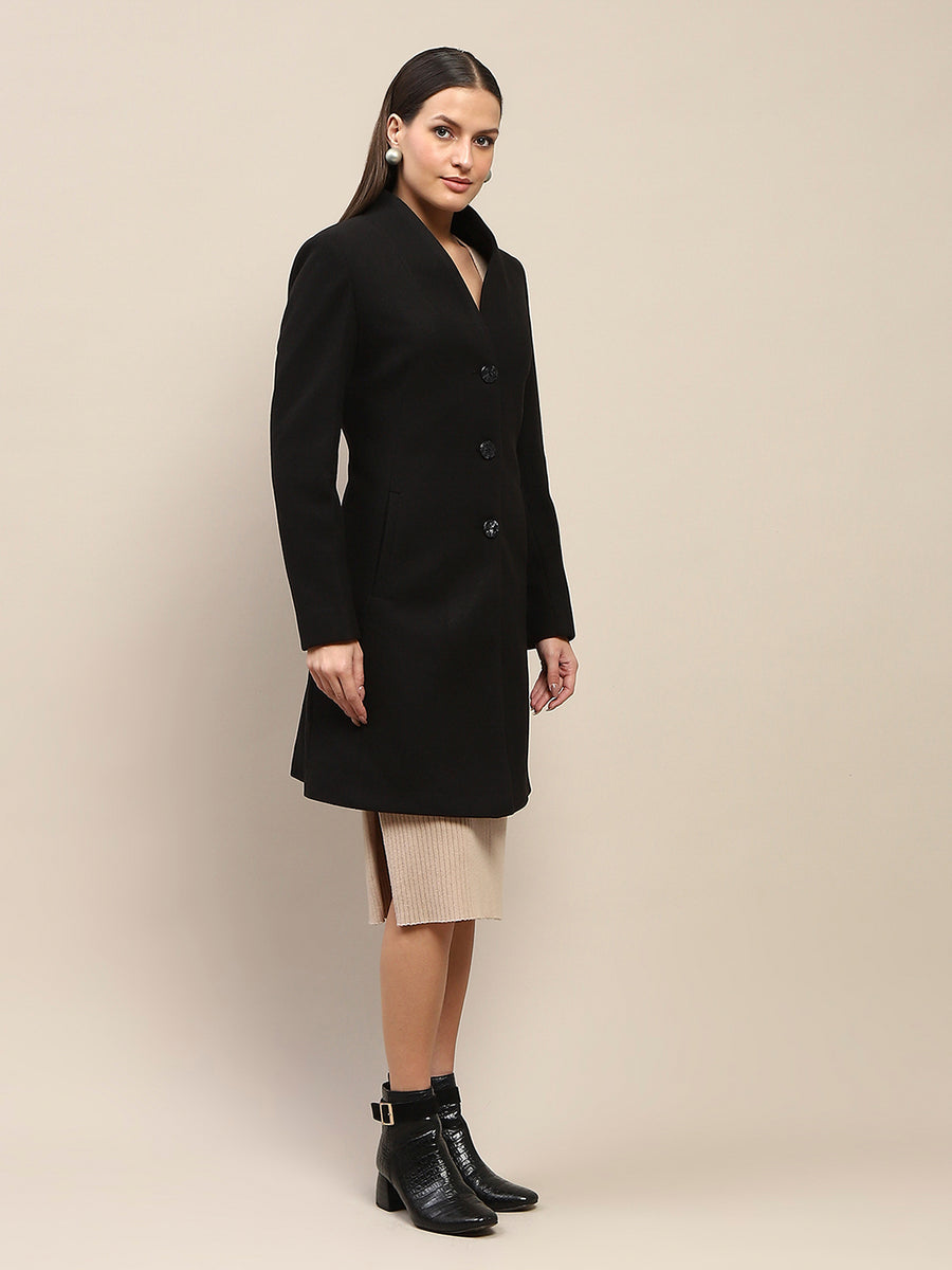 Madame Melange Side Inseam Pocketed Black Long Coat