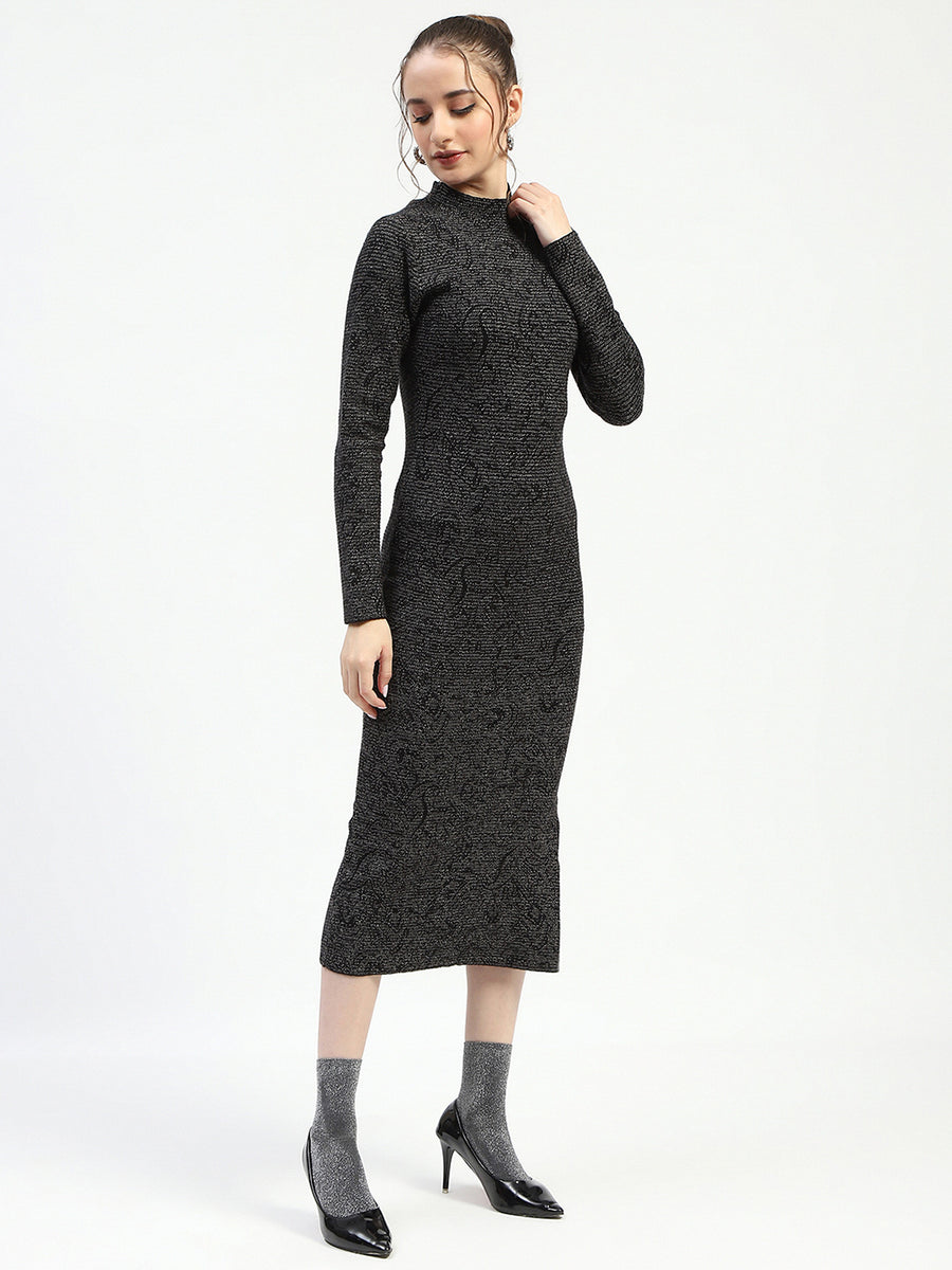 Madame Black Textured Bodycon Dress with Long Sleeves