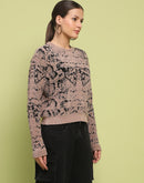 Madame Printed Crew Neck Full Sleeve Brown Sweater