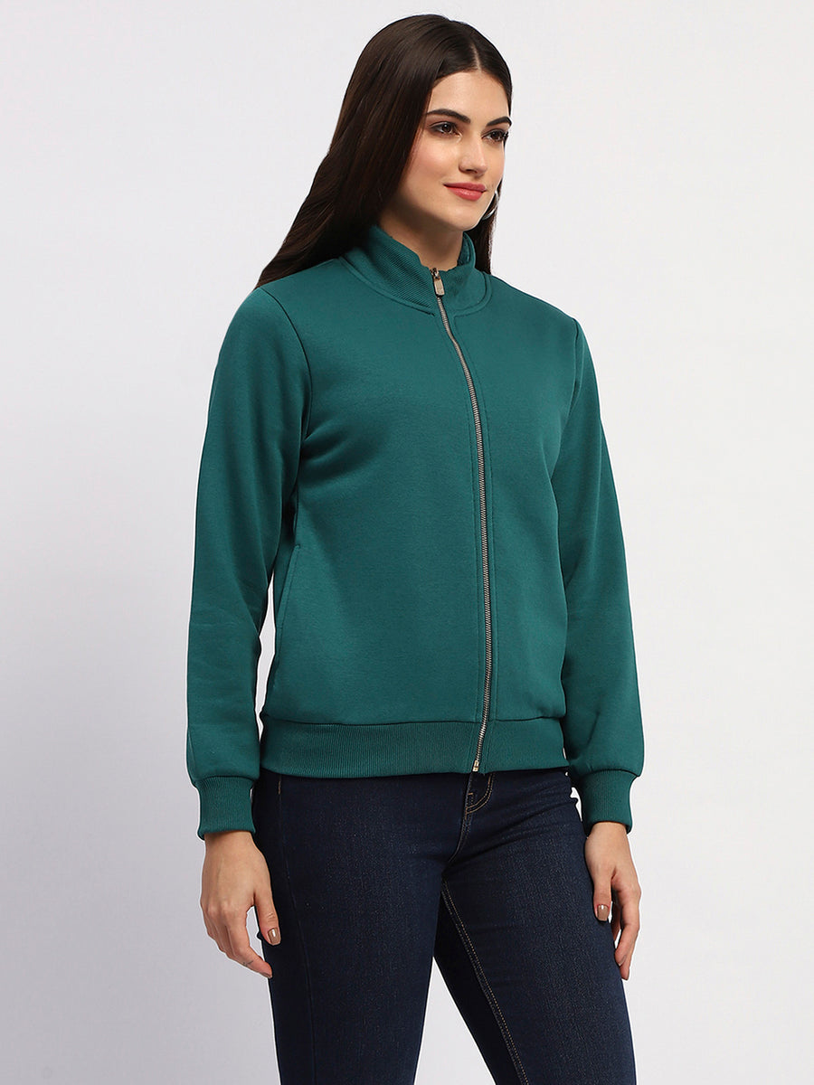 Madame Teal Grab Full-Zip Cotton High Collar Sweatshirt