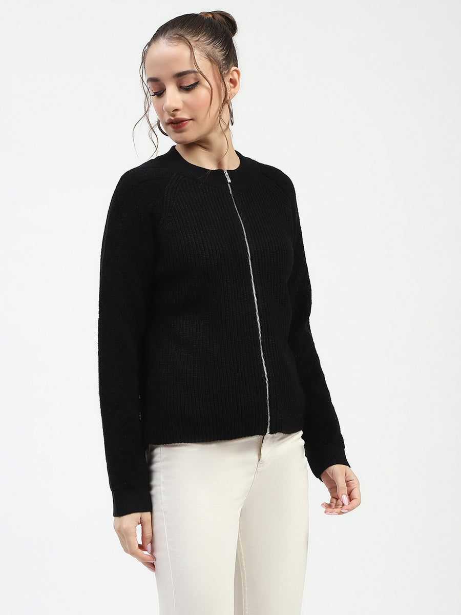 Madame Black Ribbed Zip-Up Sweater