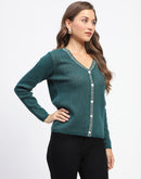 Madame Geometric Pattern V Neck Green Cardigan