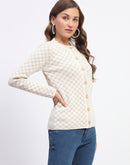 Madame Offwhite Printed Buttoned Cardigan