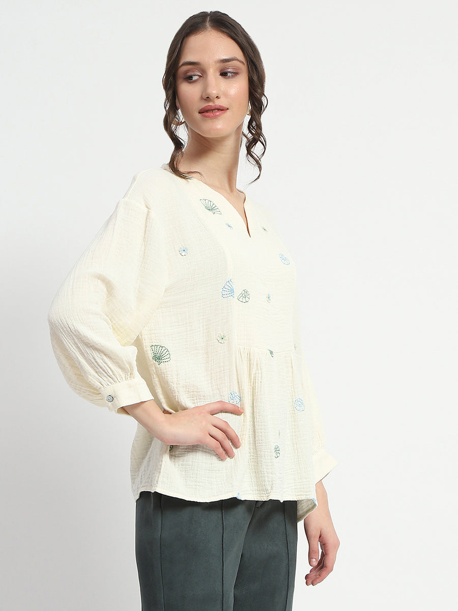 Madame Embroidered Boho Cotton Beige Top