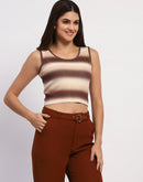 Madame Striped Sleeveless Cotton Brown Crop Sweater