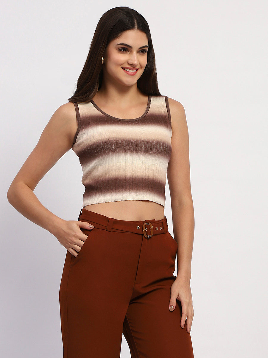 Madame Striped Sleeveless Cotton Brown Crop Sweater