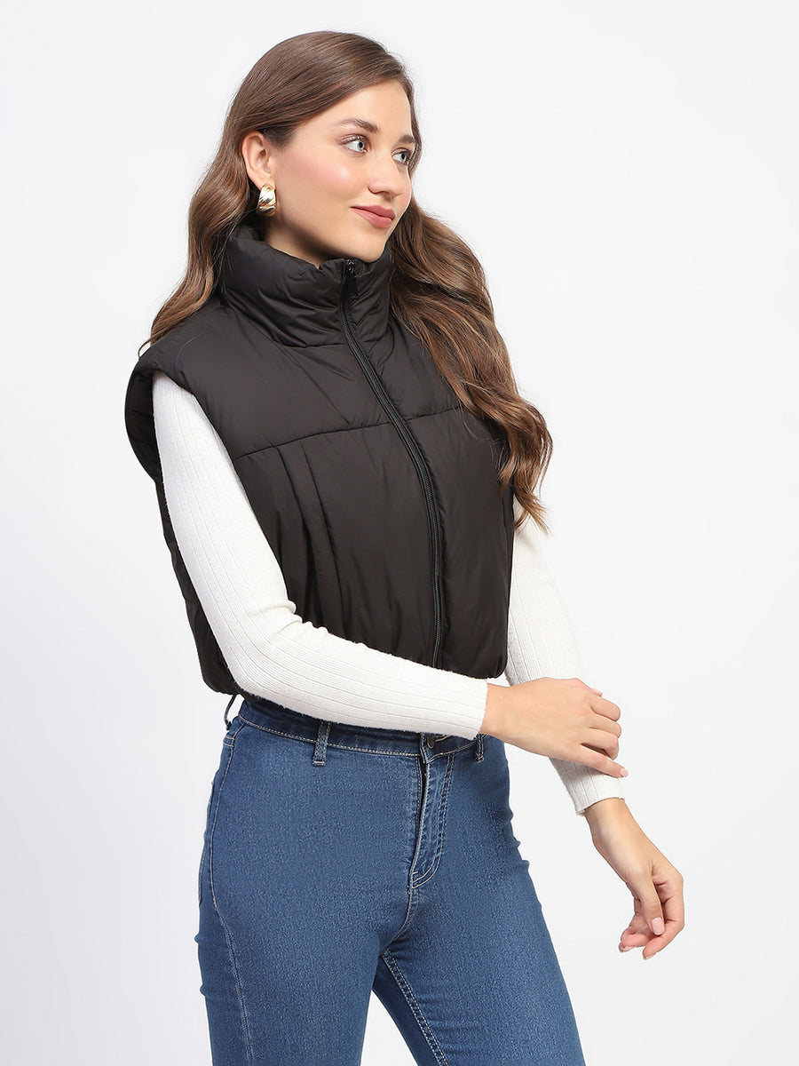 Madame High Neck Sleeveless Black Crop Puffer Jacket