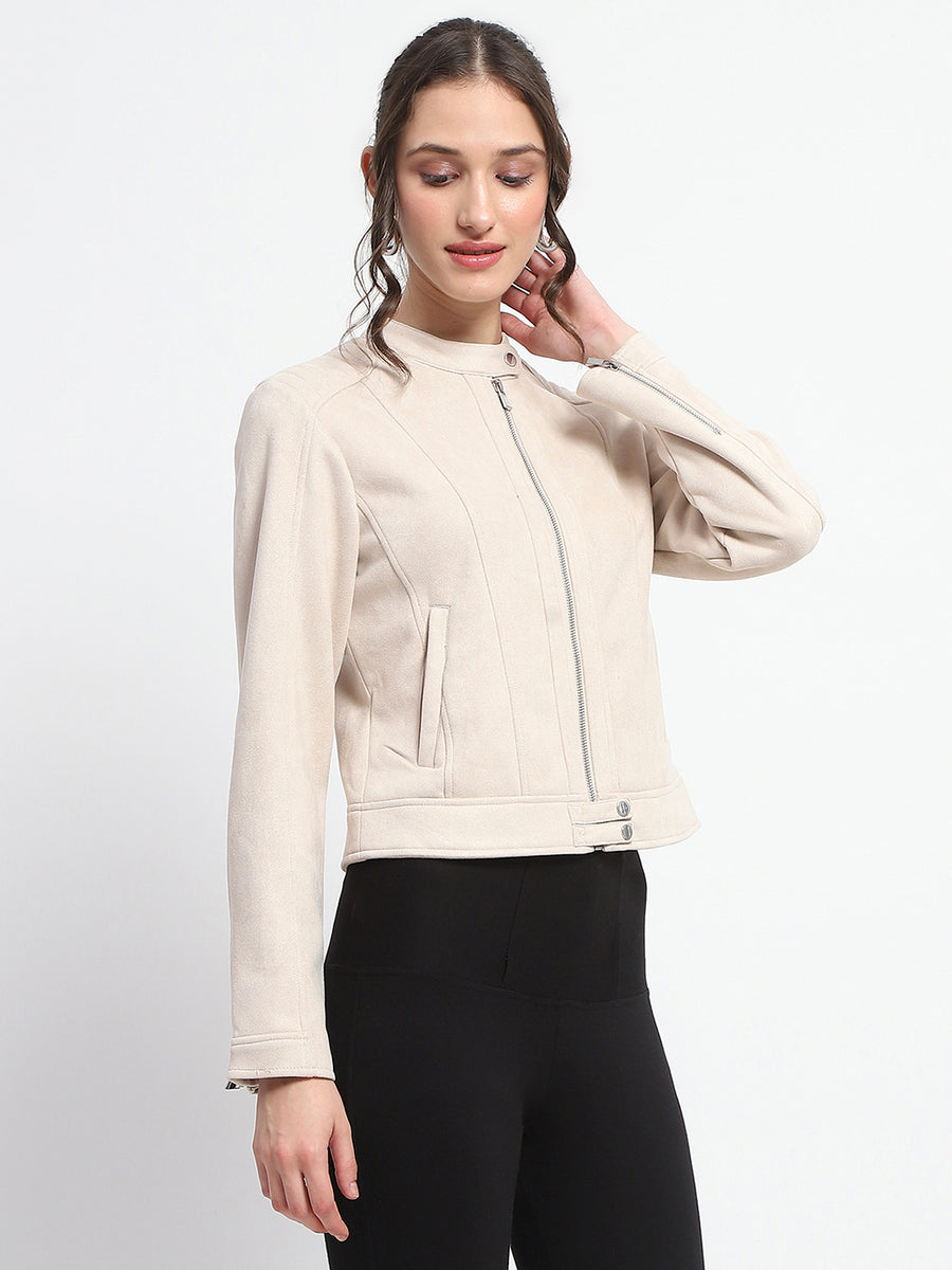 Madame Flap Collared Beige Suede Jacket