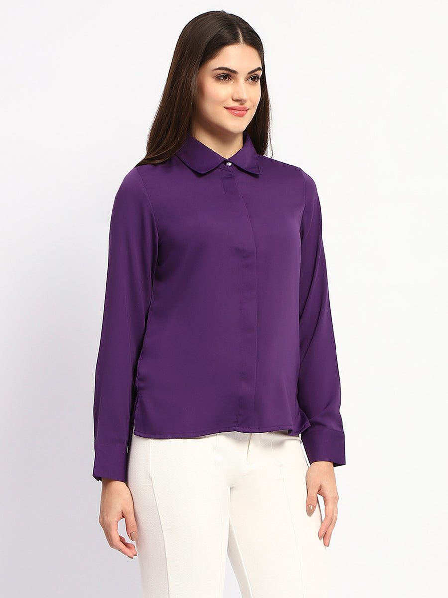 Madame Solid Purple Cuff Sleeve Shirt