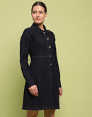 Madame Cotton Blend Belted Dark Indigo Mini Denim Dress