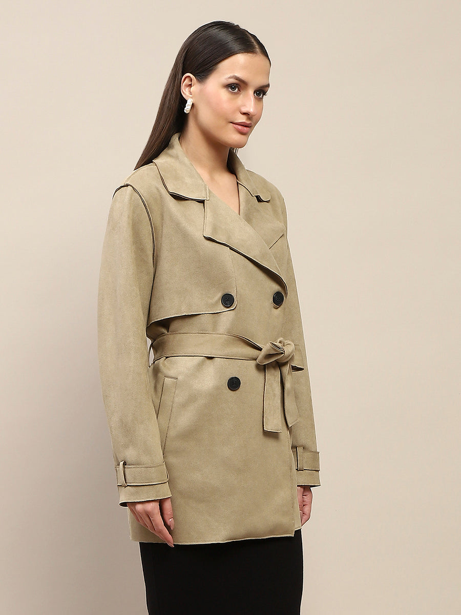 Madame Double Breasted Buckle Belt Detailed Solid Pista Green Trench Shrug