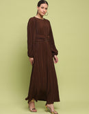 Madame Pleated Front Buckle Detailed Solid Chocolate Maxi Dress