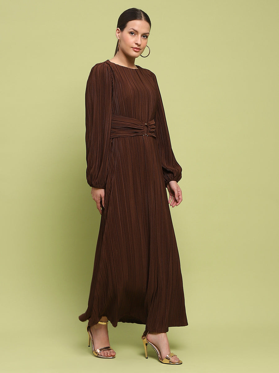 Madame Pleated Front Buckle Detailed Solid Chocolate Maxi Dress