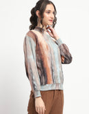 Madame Marble Print Full Sleeve Mock Neck Brown Top