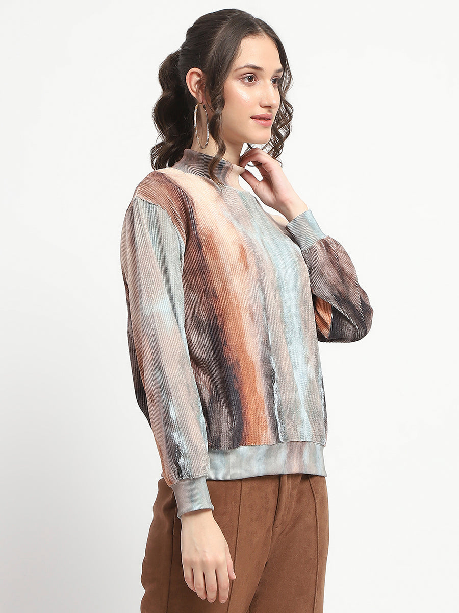 Madame Marble Print Full Sleeve Mock Neck Brown Top