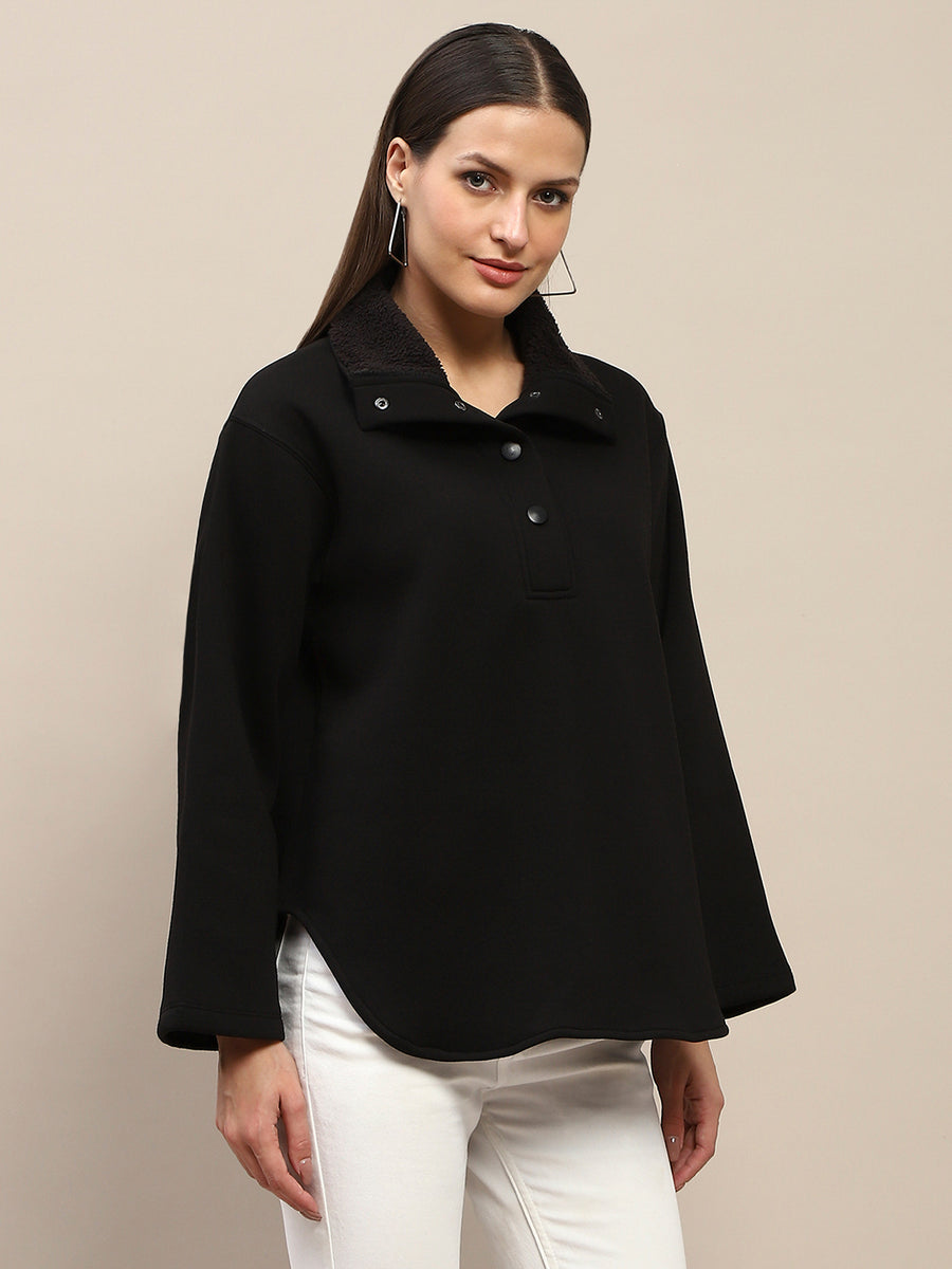 Madame Fleece Fur Attached Buttoned Black Zipper Sweatshirt