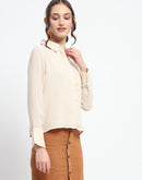 Madame Embellished Button Down Solid Beige Shirt Collar Shirt