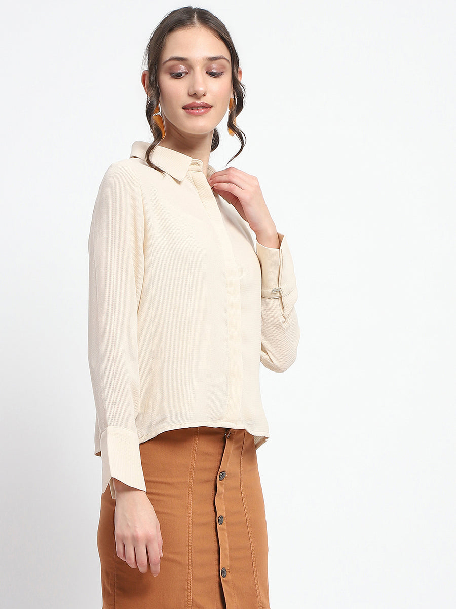 Madame Embellished Button Down Solid Beige Shirt Collar Shirt