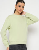 Madame Cotton Blend Solid Apple Green Sweatshirt