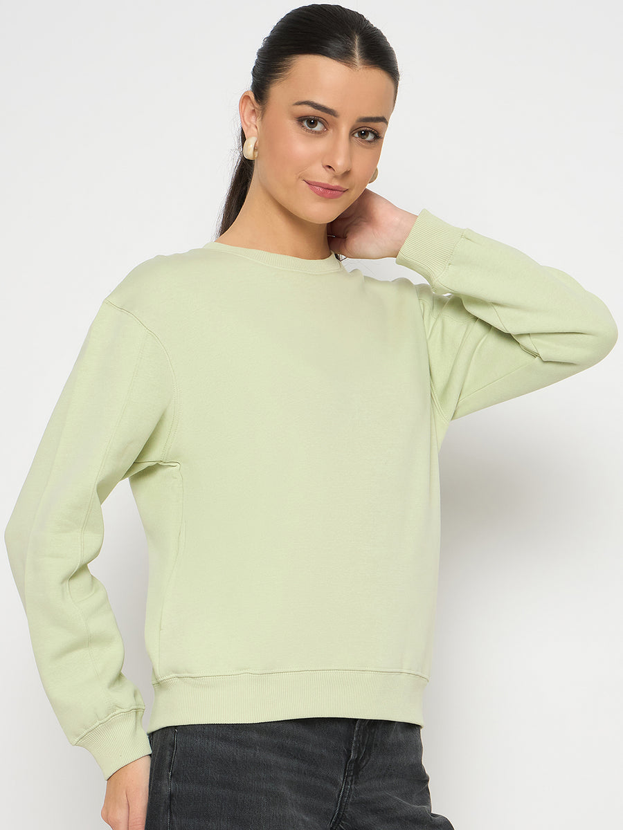 Madame Cotton Blend Solid Apple Green Sweatshirt