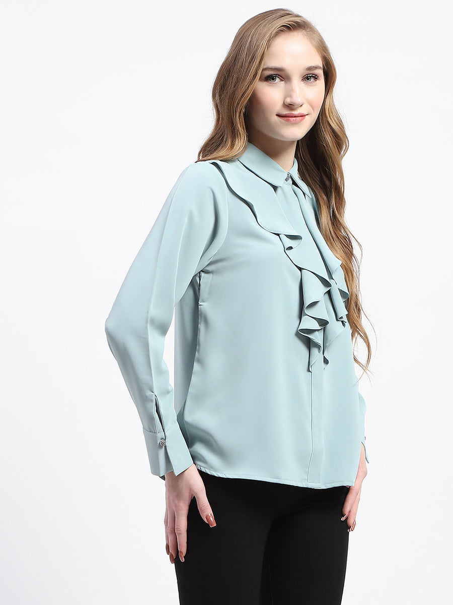 Madame Ruffle Collar Solid Grey Shirt