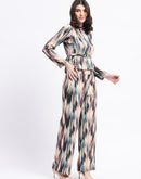 Madame Knit Moss Printed Belted Top And Bottom Beige Ensemble