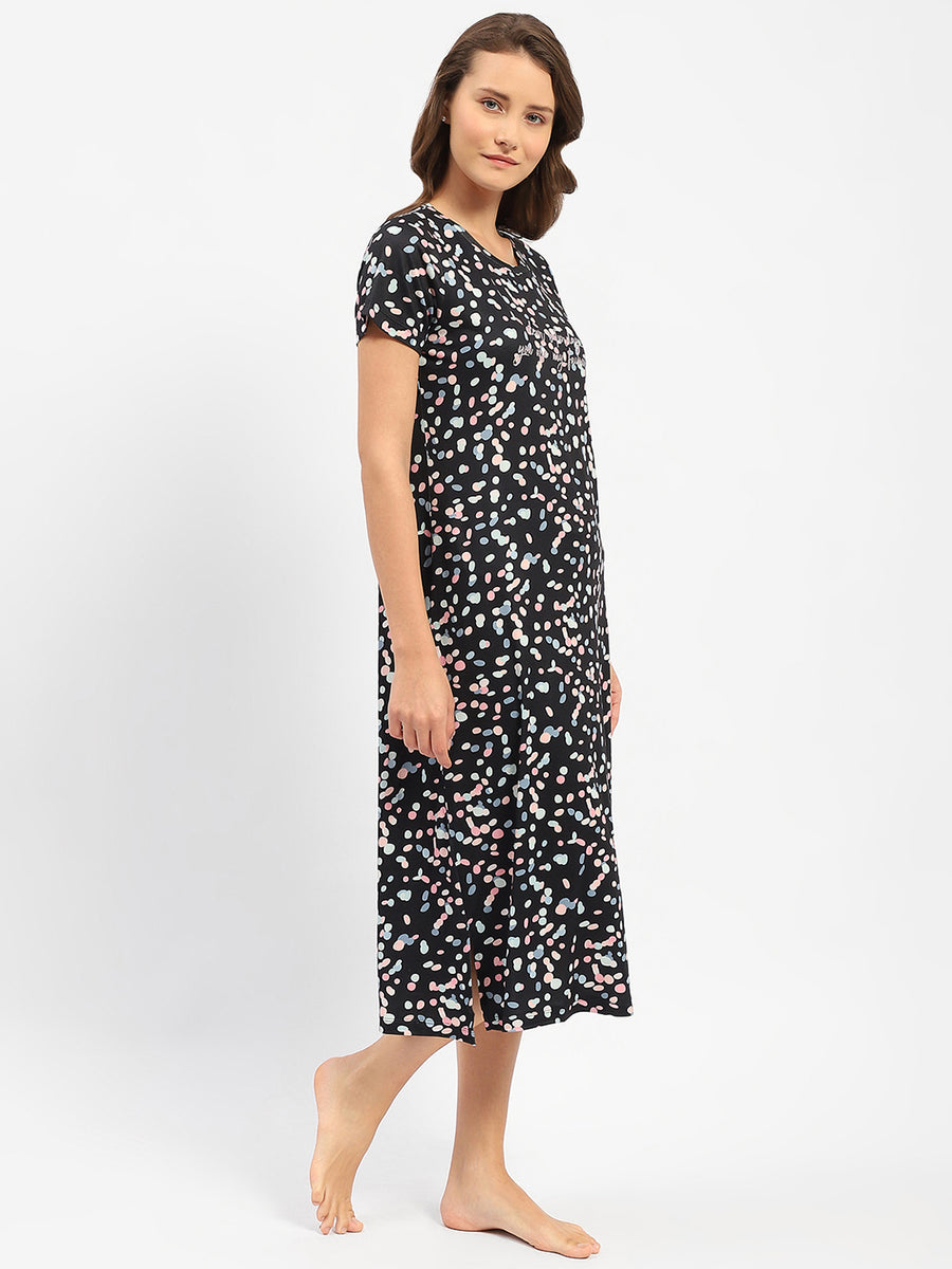 mSECRET Floral Print Round Neck Black Night Dress