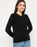 Madame Ribbed Cuffs Round Neck Black Sweater