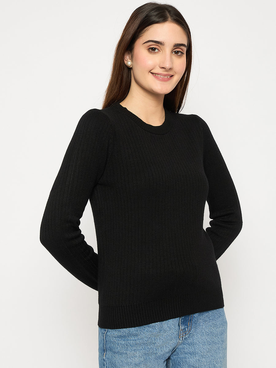 Madame Ribbed Cuffs Round Neck Black Sweater