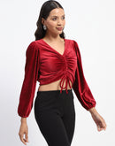 Madame Ruched V Neck Puff Sleeve Velvet Crop Top