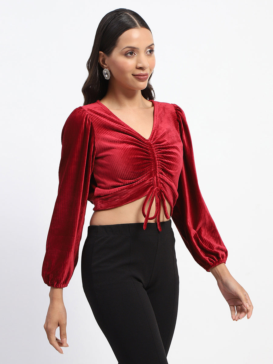 Madame Ruched V Neck Puff Sleeve Velvet Crop Top