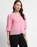 Madame V-Neck Puffed Sleeve Pink Dobby Top