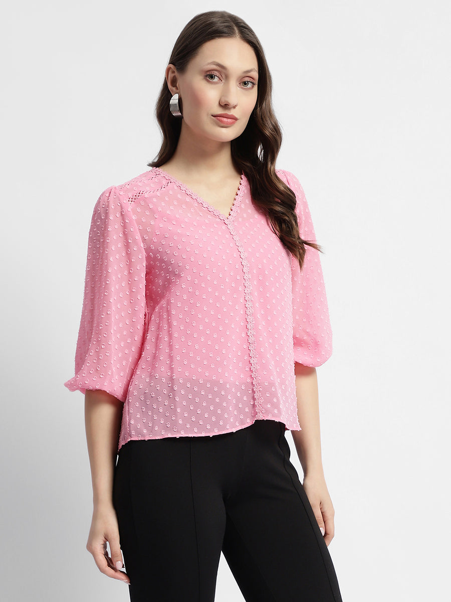 Madame V-Neck Puffed Sleeve Pink Dobby Top