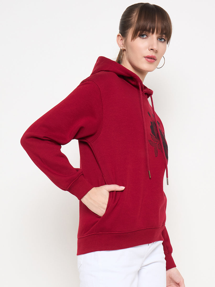 Madame Floral Print Adorned Cotton Blend Red Sweatshirt