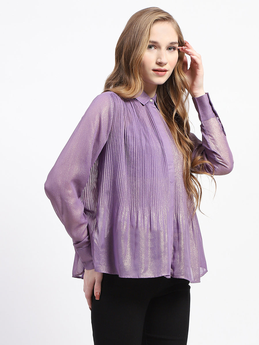 Madame Shimmer Pleated Hem Sheer Lilac Shirt