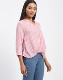 Madame Striped Mandarin Collar Pink Button Down Shirt