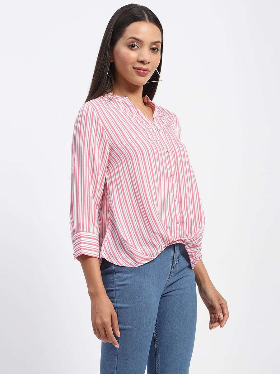 Madame Striped Mandarin Collar Pink Button Down Shirt