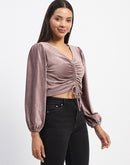 Madame Ruched V Neck Puff Sleeve Velvet Crop Top