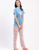 mSECRET Blue Cotton T-Shirt and Printed Pajama Night Suit Set