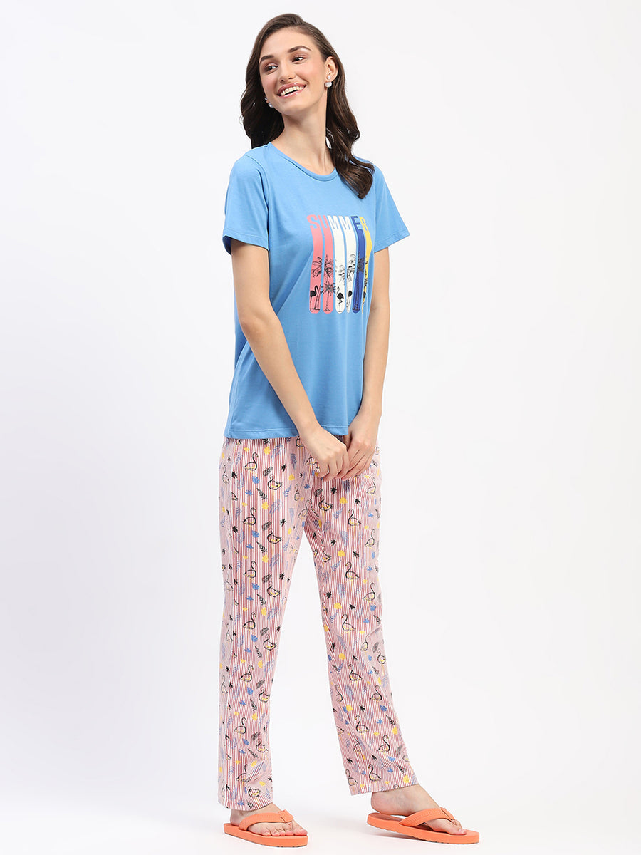 mSECRET Blue Cotton T-Shirt and Printed Pajama Night Suit Set