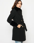 Madame Faux Fur Appliqué Double Breasted Black Long Coat